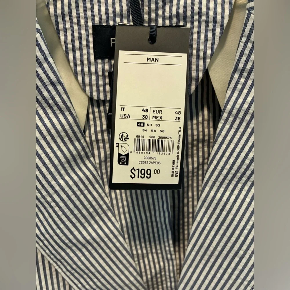 NWT Piombo Men’s Slim Fit Blue & White Cotton/Poly Pinstripe Blazer; Size 38